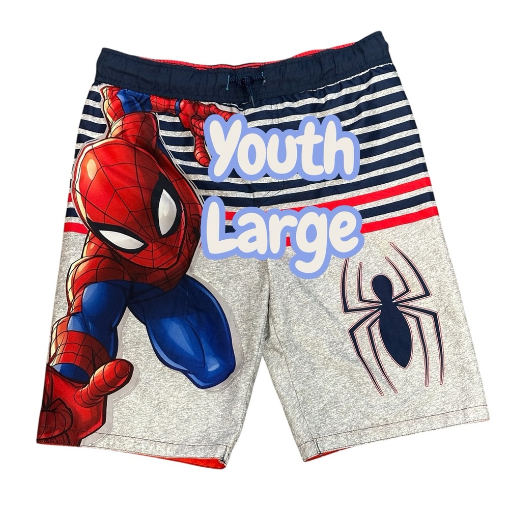Youth Boys Marvel Spiderman L 10 / 12 Swim Shorts Trunks Board Beach Navy Blue - Picture 2 of 7